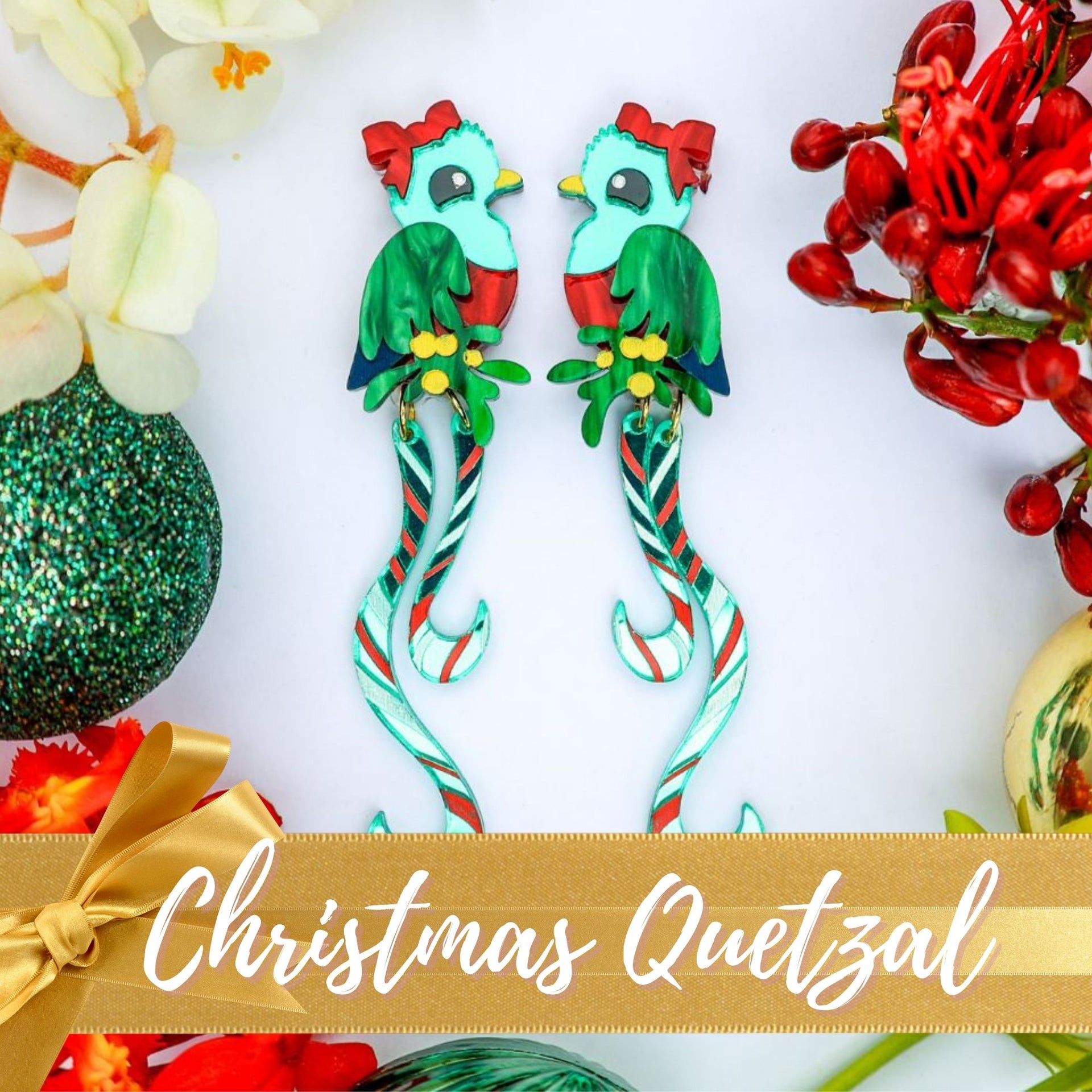 BINKABU Christmas Quetzal handmade acrylic bird earrings