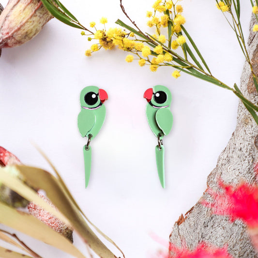 BINKABU Indian Ringneck Parrot Handmade Acrylic Bird Earrings