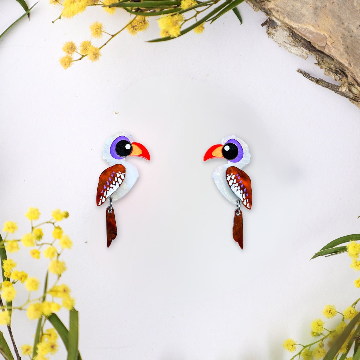 BINKABU Red-Billed Hornbill handmade acrylic bird earrings