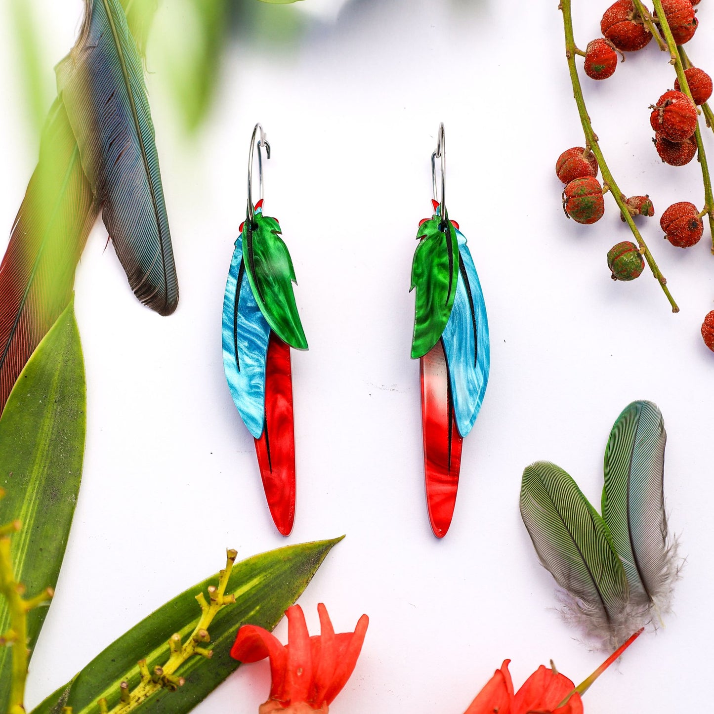 Foraged Feathers - Green-Cheeked Conure - Handmade Statement Bird Earrings