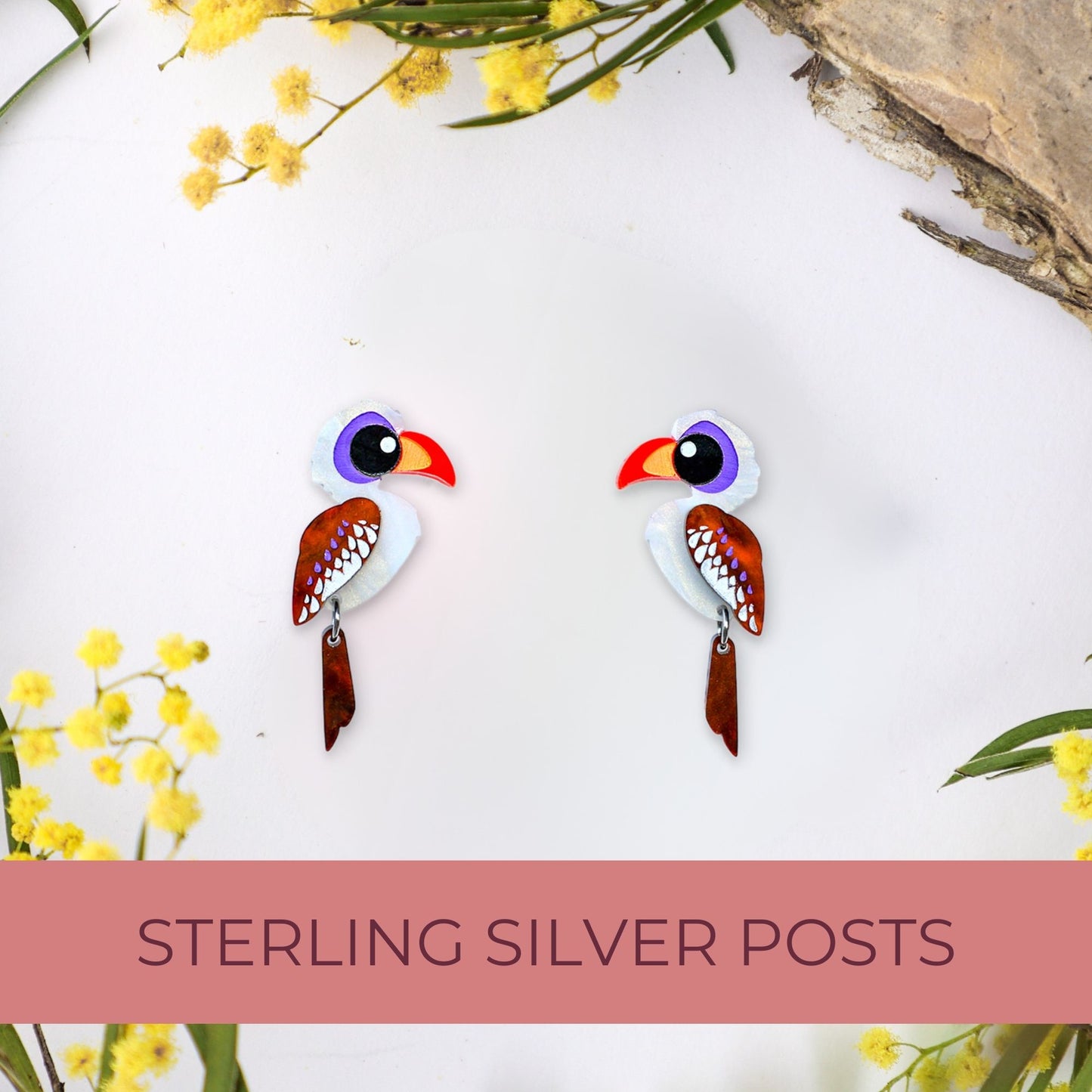 BINKABU Red-Billed Hornbill handmade acrylic bird earrings