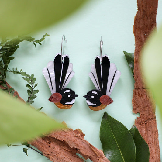 BINKABU Pīwakawaka Hoops handmade acrylic bird earrings