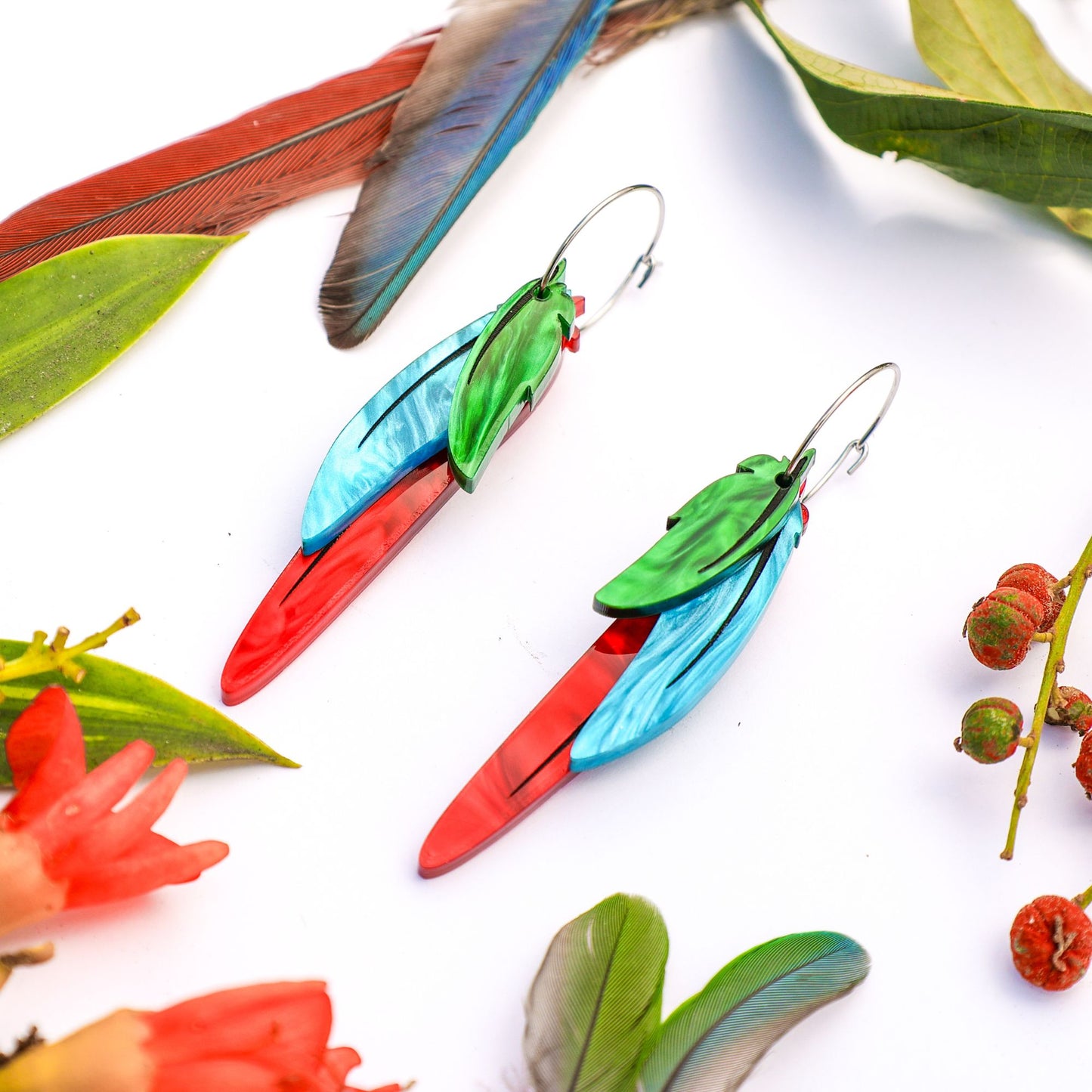 Foraged Feathers - Green-Cheeked Conure - Handmade Statement Bird Earrings