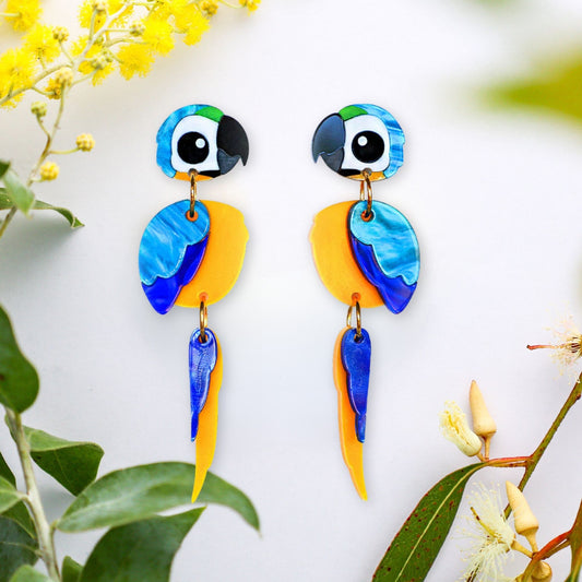 Blue and Gold Macaw Earrings - Statement Bird Earrings