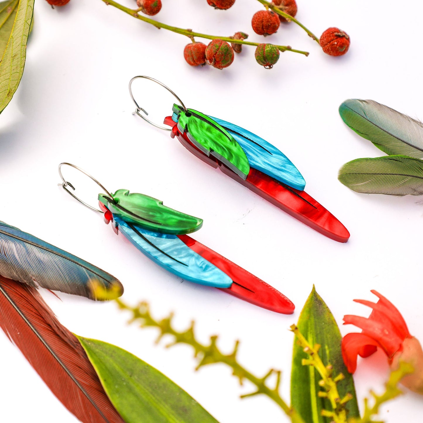 Foraged Feathers - Green-Cheeked Conure - Handmade Statement Bird Earrings