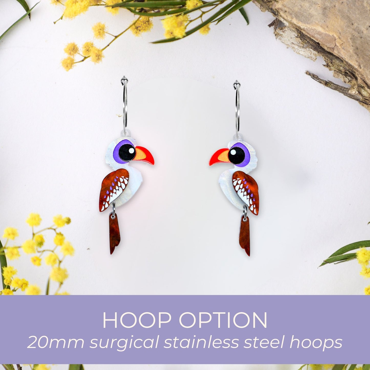 BINKABU Red-Billed Hornbill handmade acrylic bird earrings