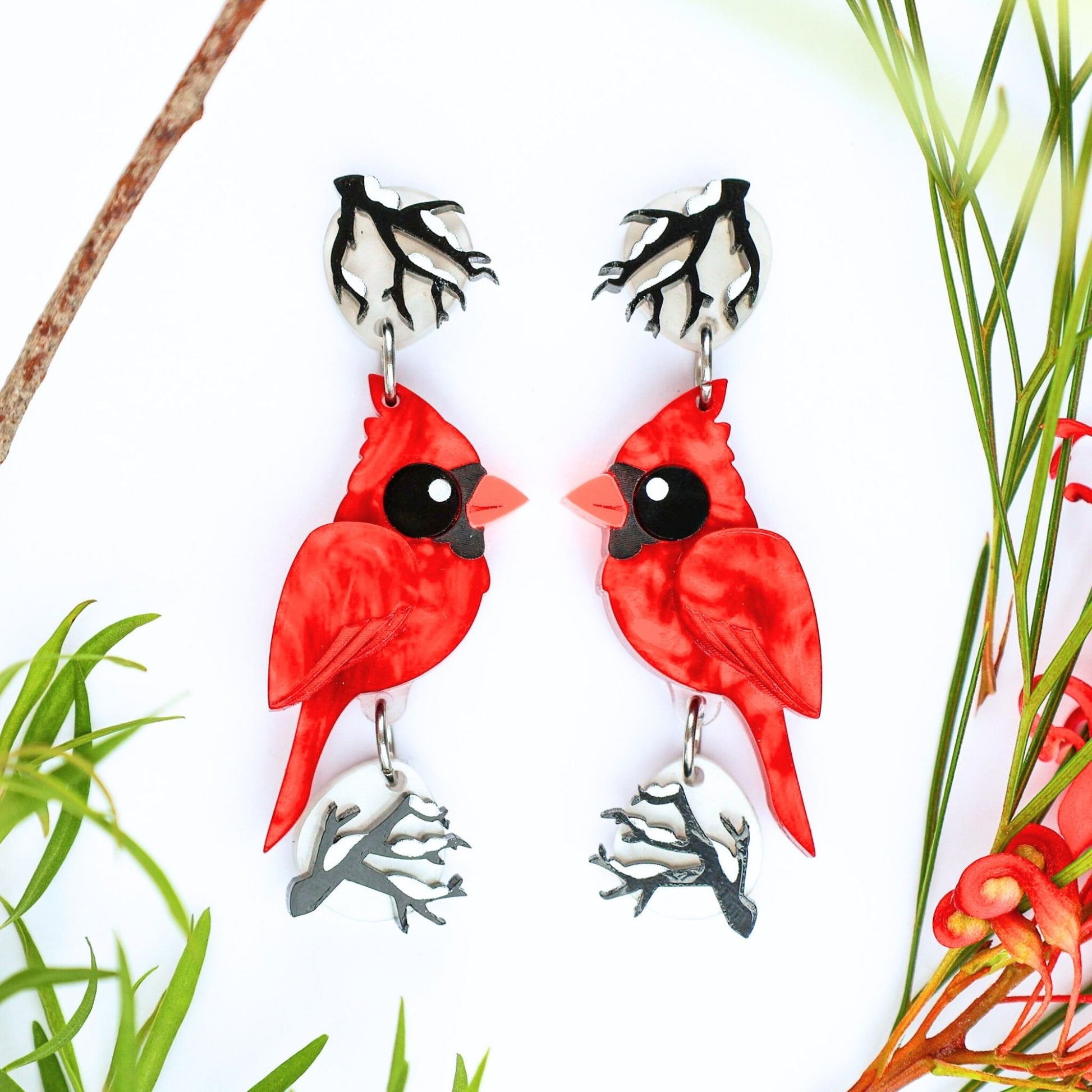 BINKABU Northern Cardinal Dangles handmade acrylic bird earrings