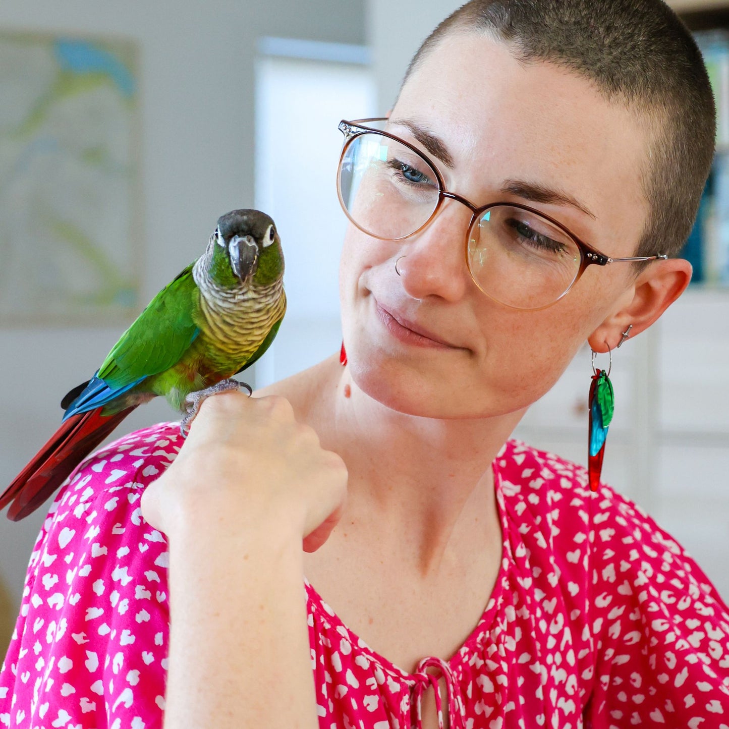 Foraged Feathers - Green-Cheeked Conure - Handmade Statement Bird Earrings