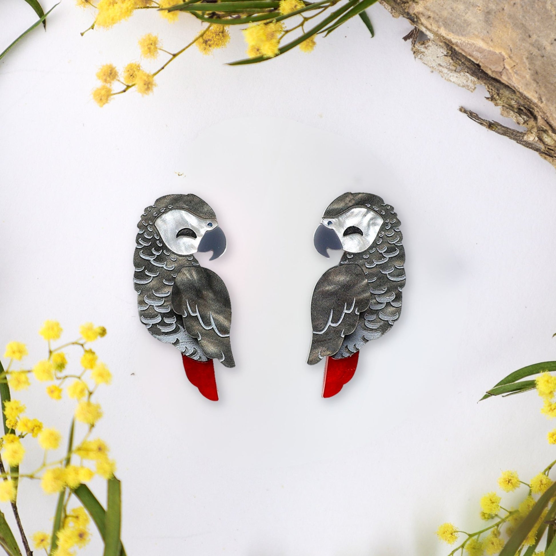 BINKABU African Grey Parrot handmade acrylic bird earrings