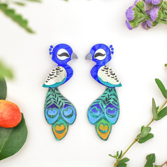 Peacock Studs - Statement Bird Earrings