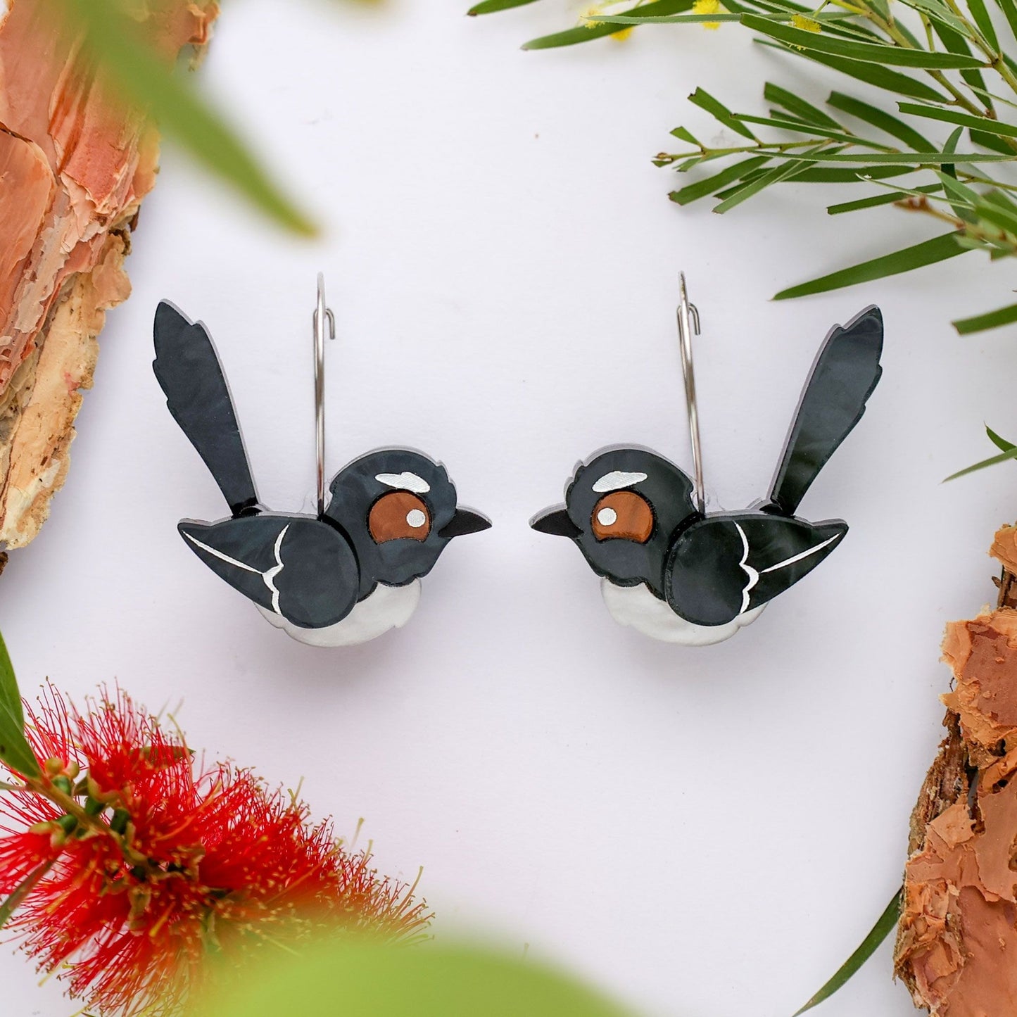 BINKABU Willie Wagtail Hoop handmade acrylic bird earrings