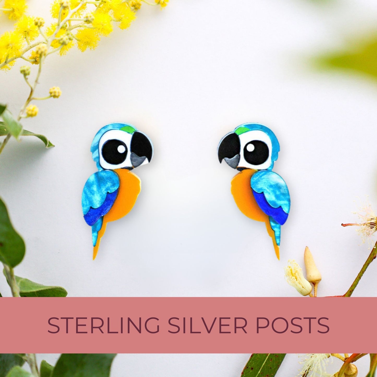 Blue and Gold Macaw Studs - Statement Bird Earrings