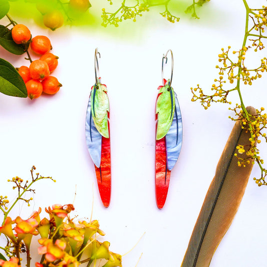 Foraged Feathers - Cinnamon/Pineapple Green-Cheeked Conure - Handmade Statement Bird Earrings