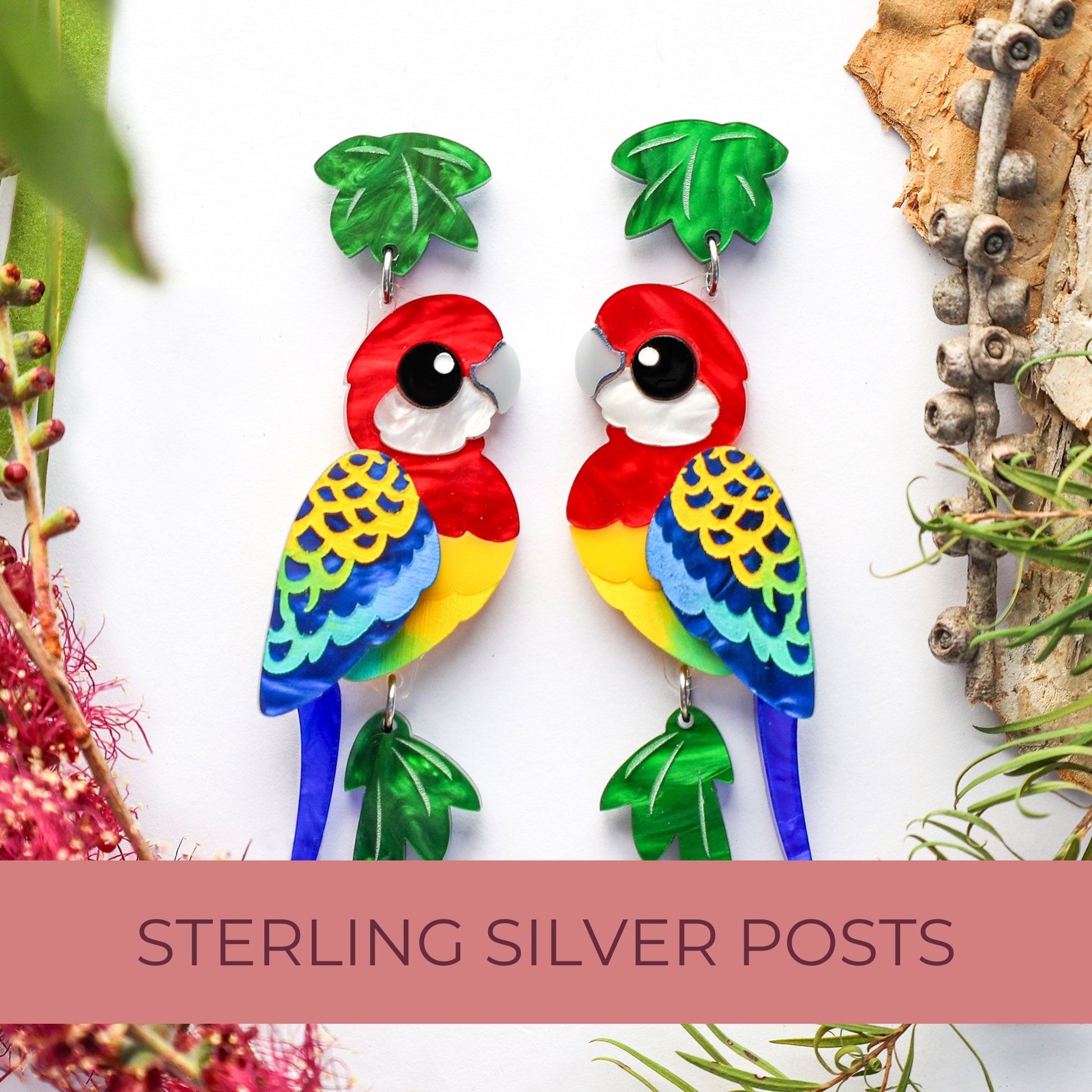 BINKABU Eastern Rosella handmade acrylic bird earrings