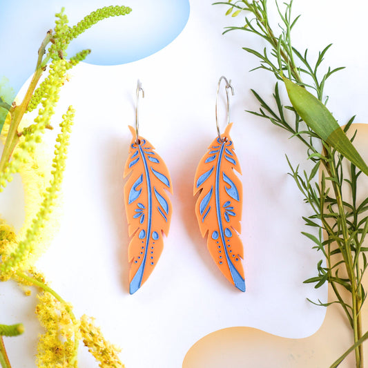BINKABU Funky Feathers - Tangerine handmade acrylic bird earrings