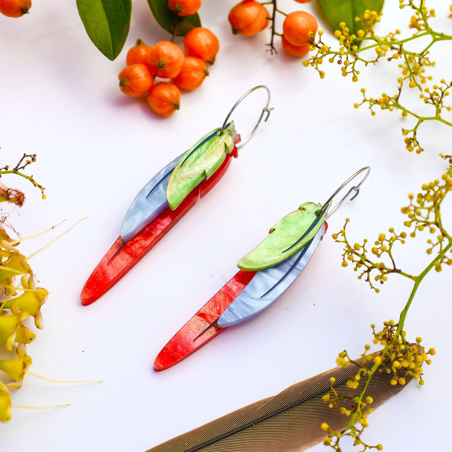 Foraged Feathers - Cinnamon/Pineapple Green-Cheeked Conure - Handmade Statement Bird Earrings