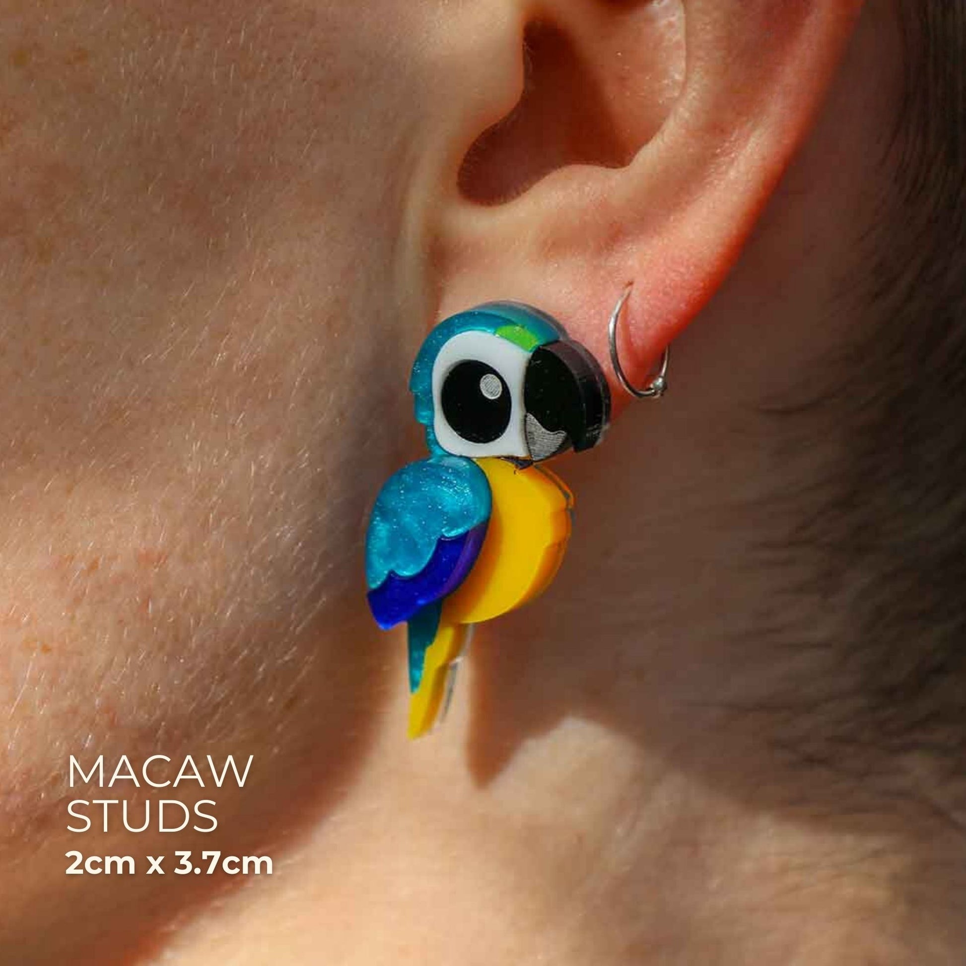 BINKABU Blue and Gold Macaw handmade acrylic bird earrings