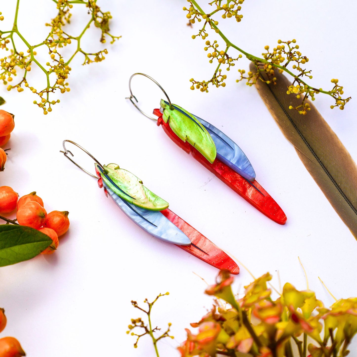 Foraged Feathers - Cinnamon/Pineapple Green-Cheeked Conure - Handmade Statement Bird Earrings