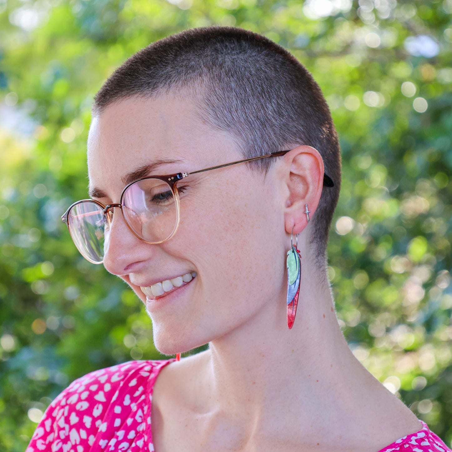 Foraged Feathers - Cinnamon/Pineapple Green-Cheeked Conure - Handmade Statement Bird Earrings