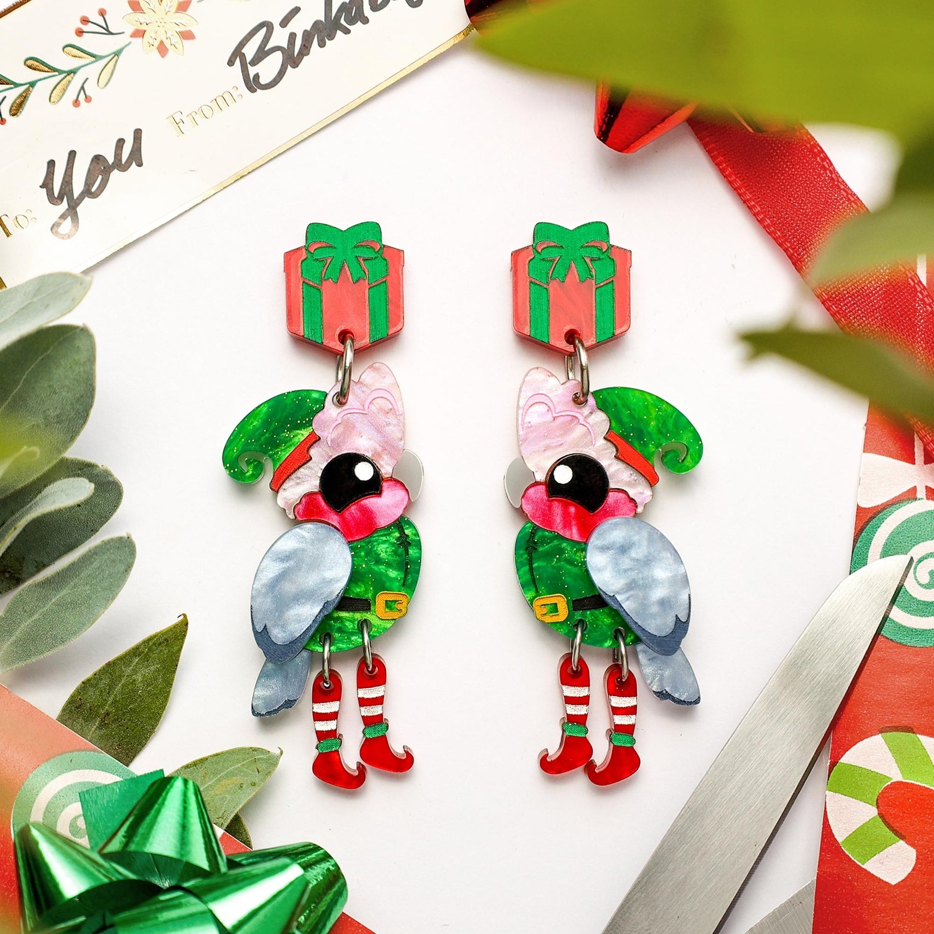 Galah Cockatoos in Elf Hat & Shoes Earrings