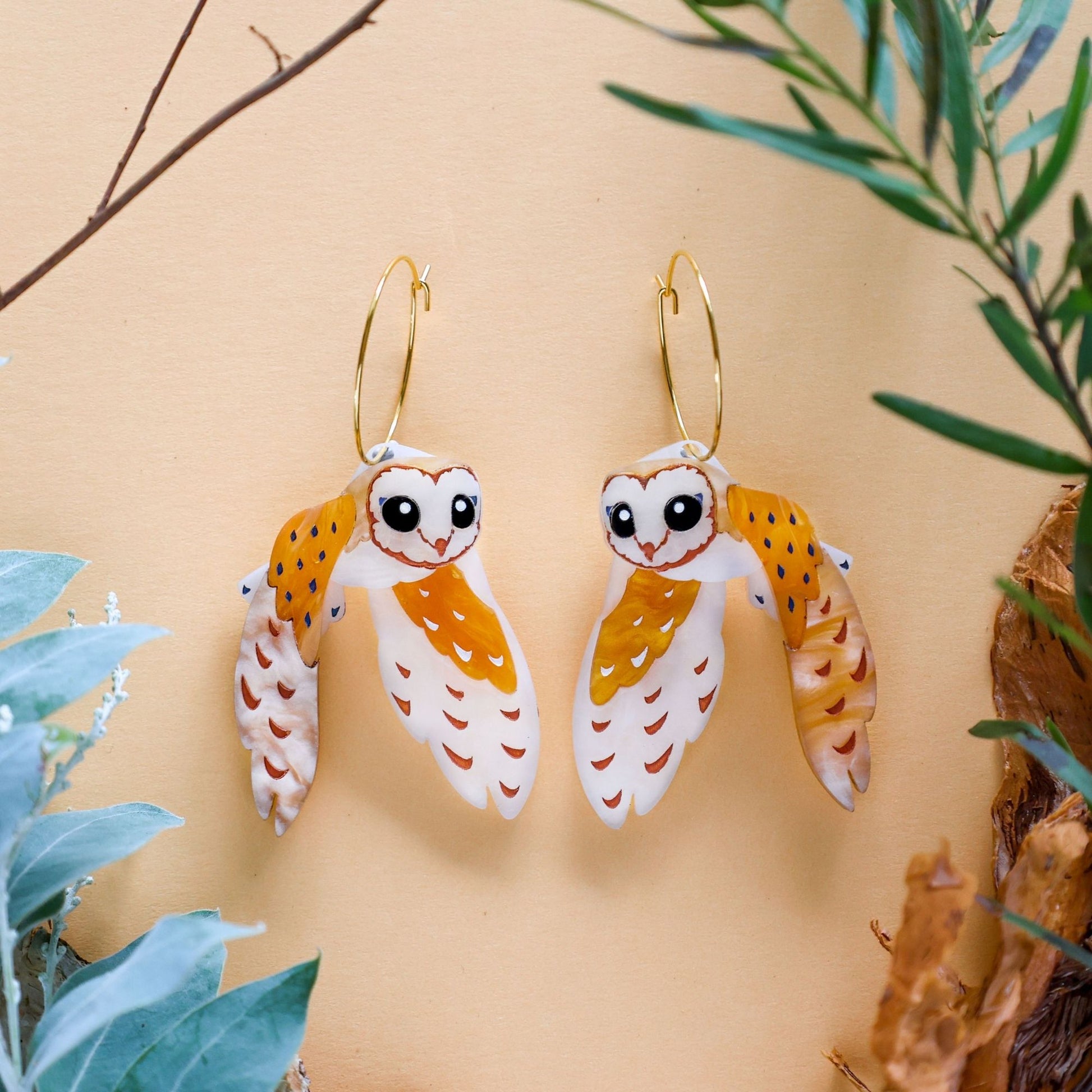 BINKABU Barn Owl Hoops handmade acrylic bird earrings