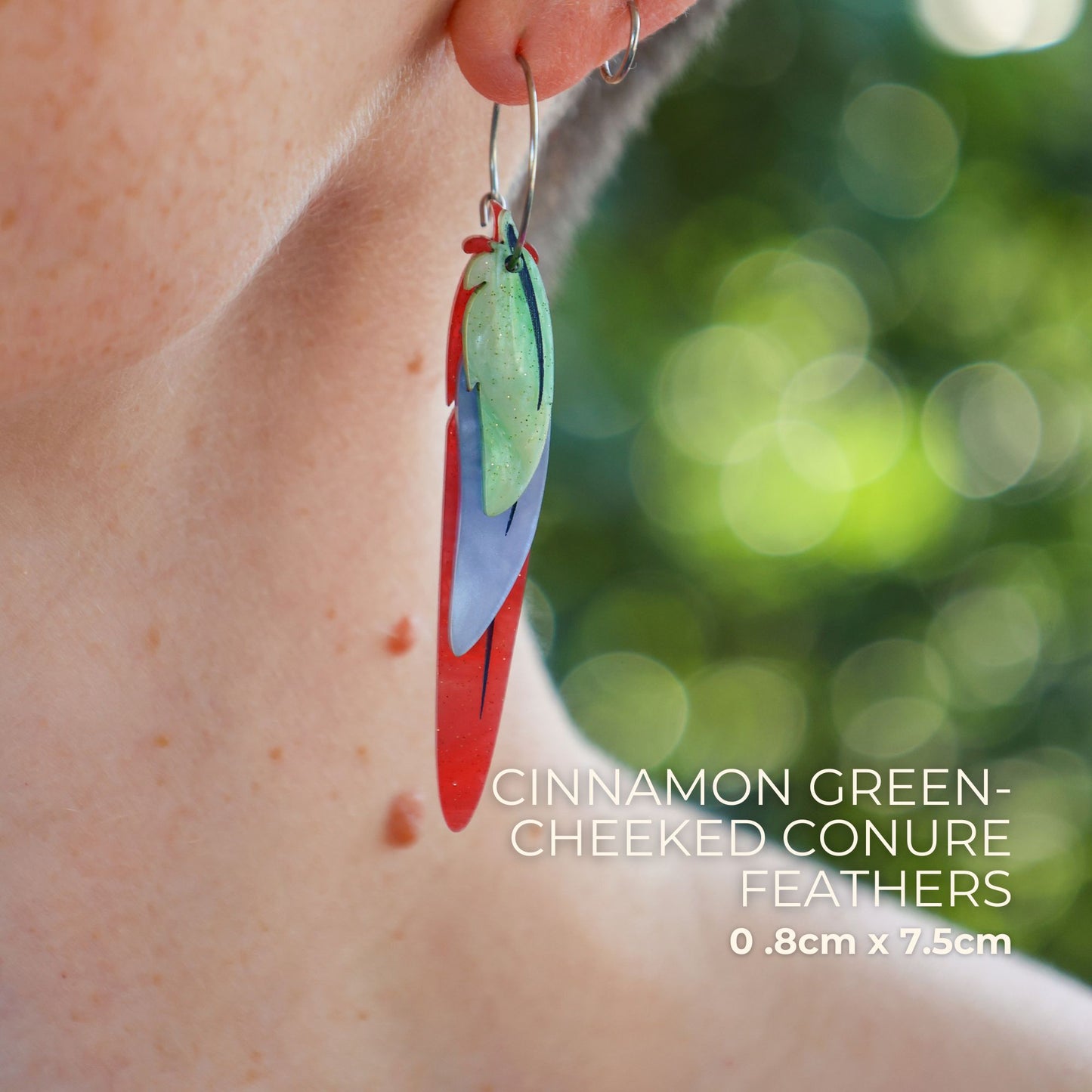 Foraged Feathers - Cinnamon/Pineapple Green-Cheeked Conure - Handmade Statement Bird Earrings