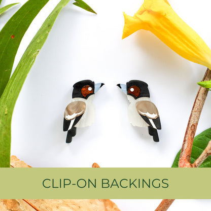 BINKABU Grey Butcherbird Studs handmade acrylic bird earrings