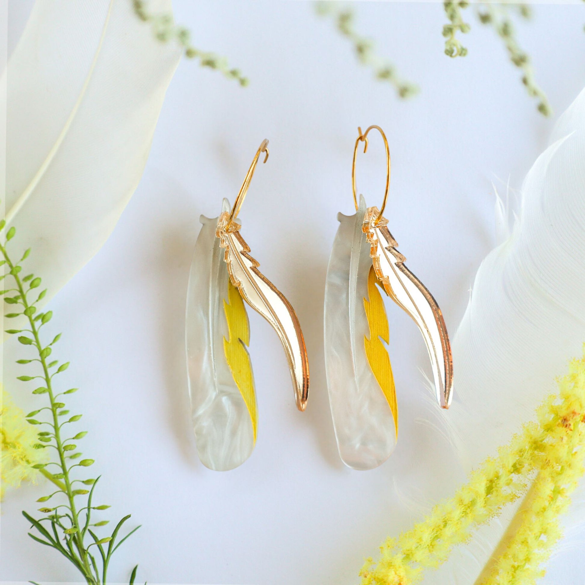 BINKABU Foraged Feathers - Sulphur-Crested Cockatoo handmade acrylic bird earrings