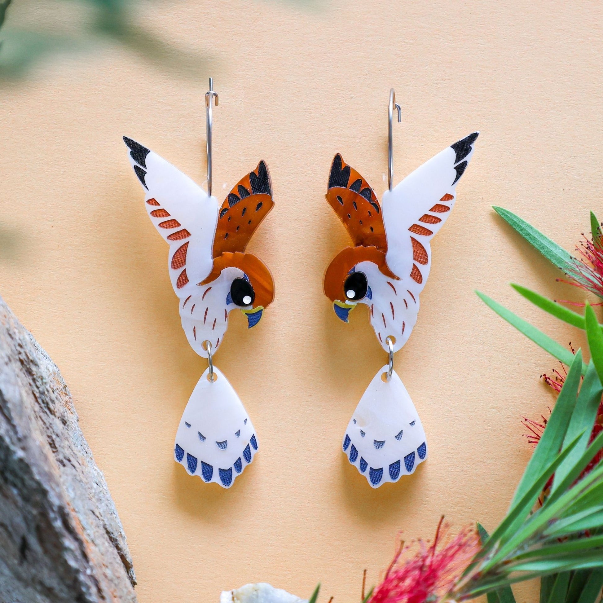 BINKABU Nankeen Kestrel Hoops handmade acrylic bird earrings