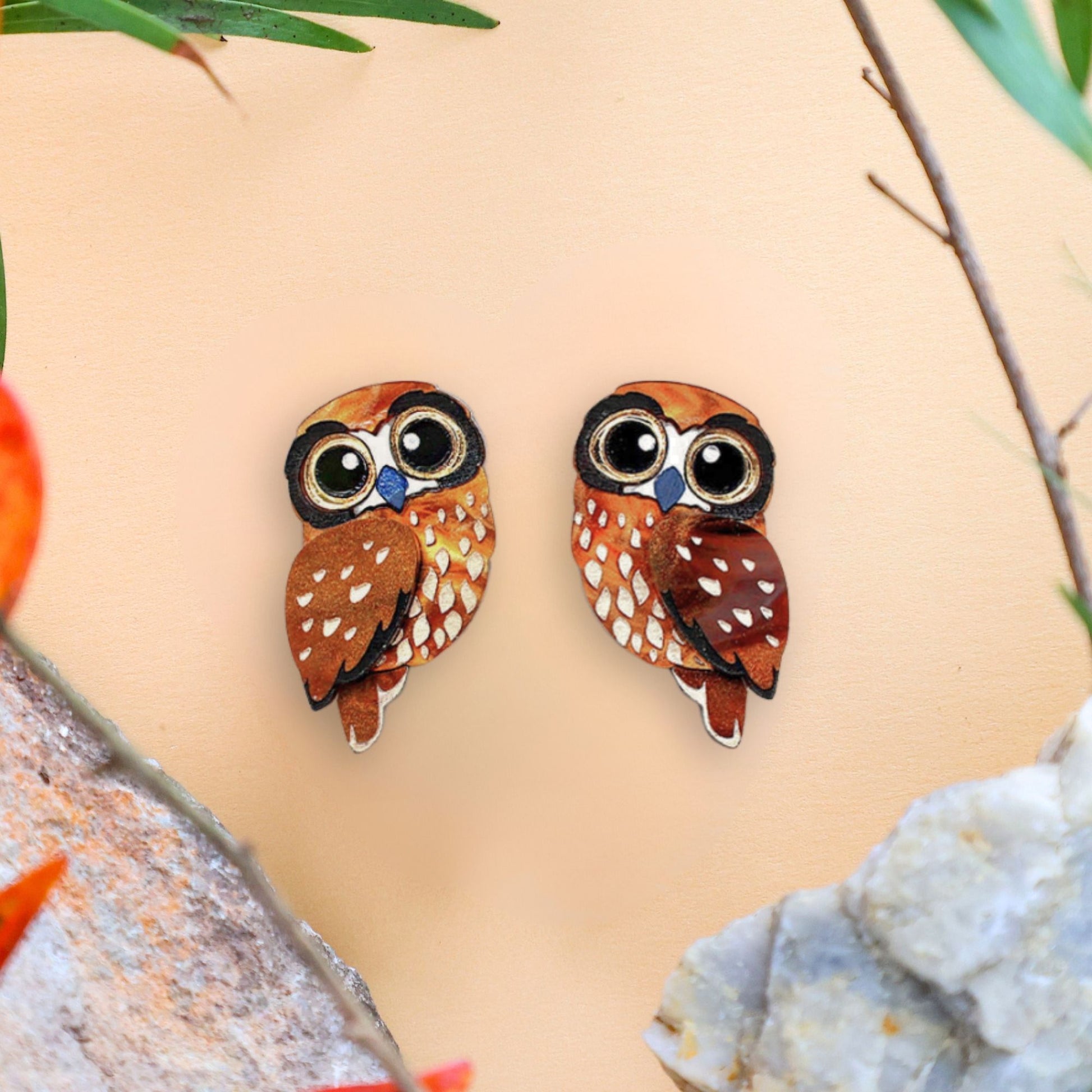 BINKABU Boobook Owl Acrylic Bird Earrings
