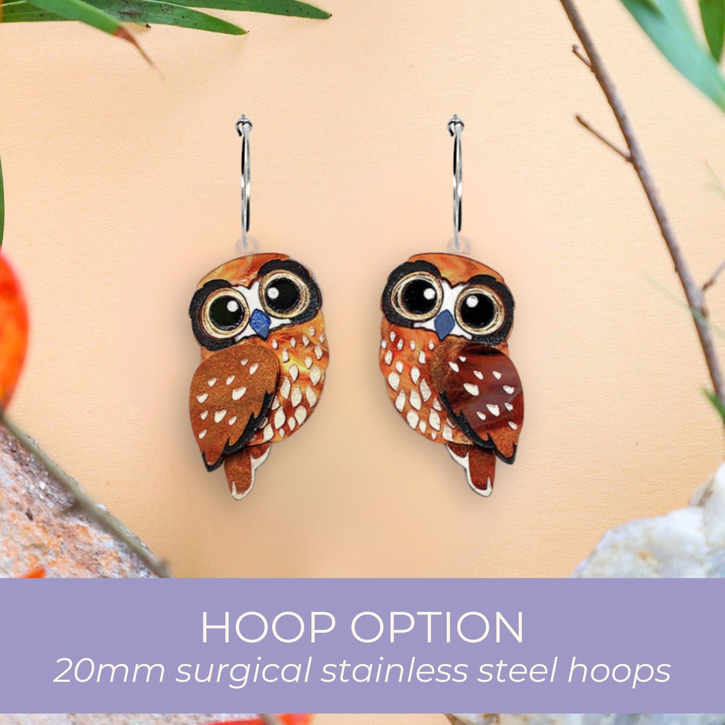 BINKABU Boobook Owl Acrylic Bird Earrings