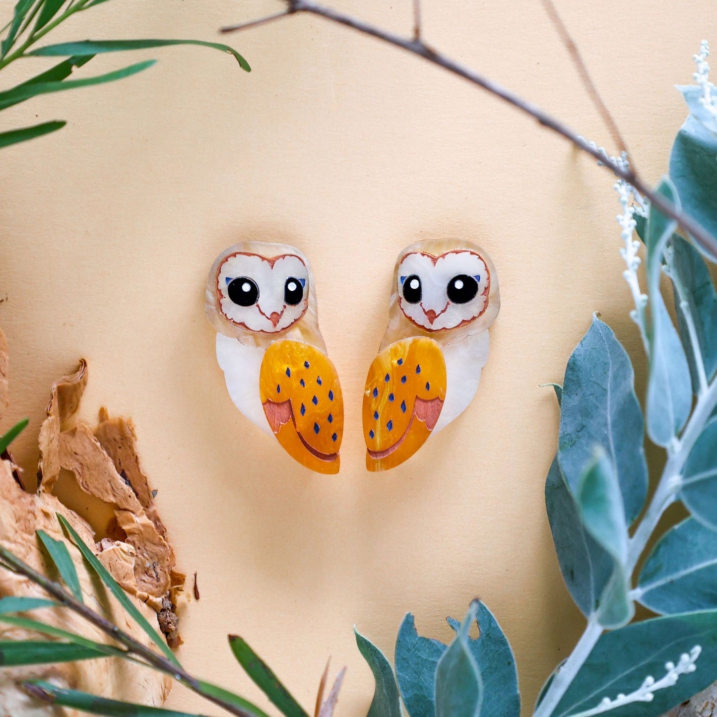 BINKABU Barn Owl Studs handmade acrylic bird earrings