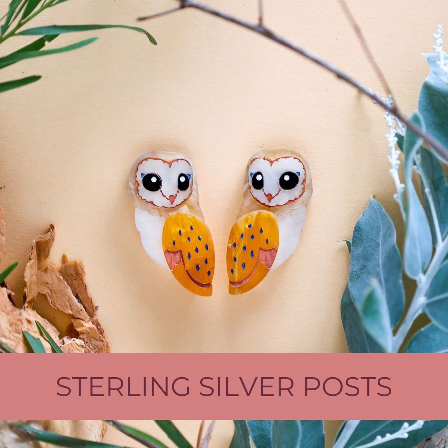 BINKABU Barn Owl Studs handmade acrylic bird earrings