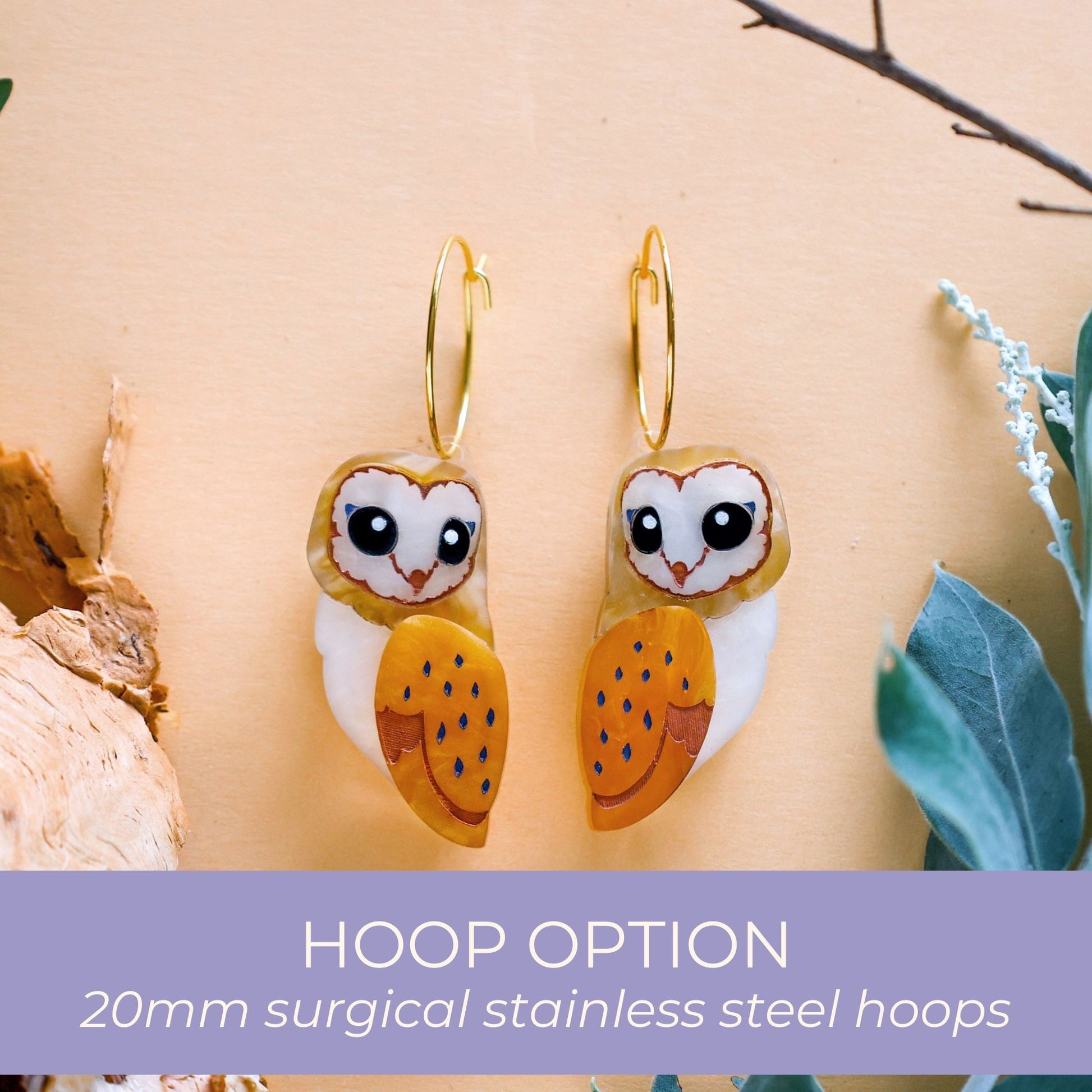 BINKABU Barn Owl Studs handmade acrylic bird earrings