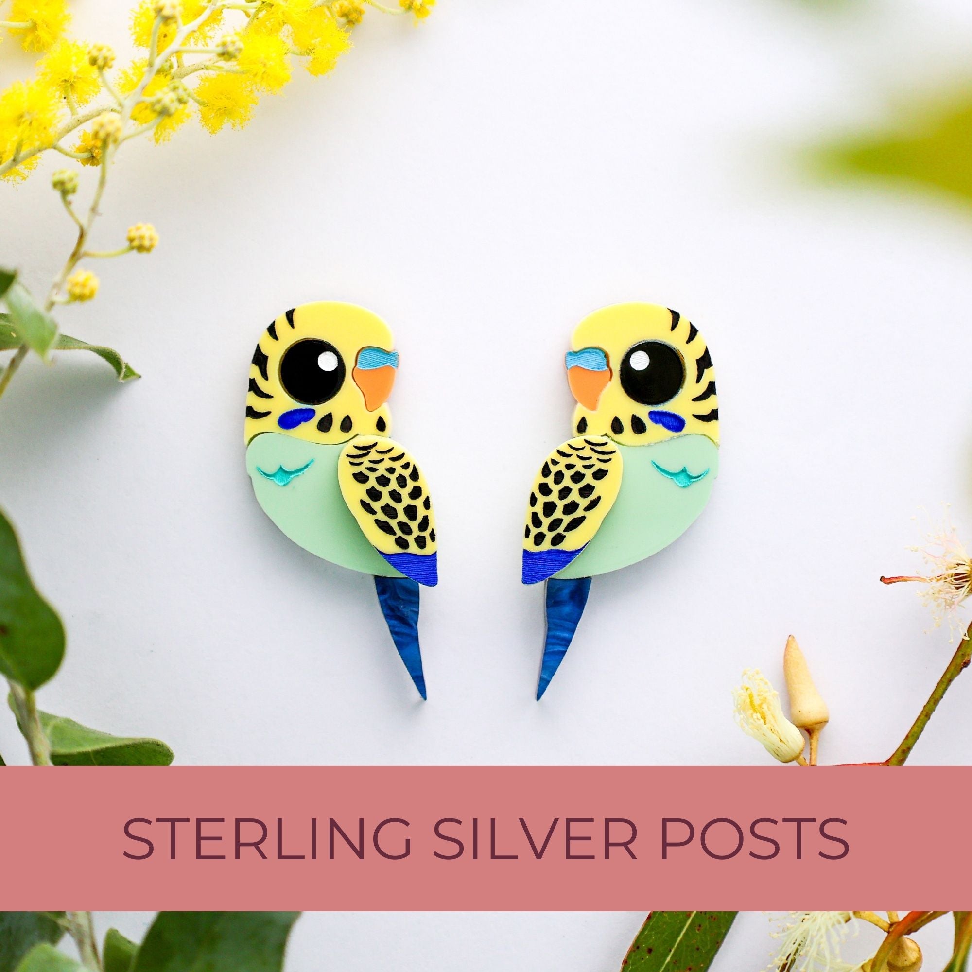 BINKABU NEW Green Yellow Budgie Studs Acrylic Bird Earrings