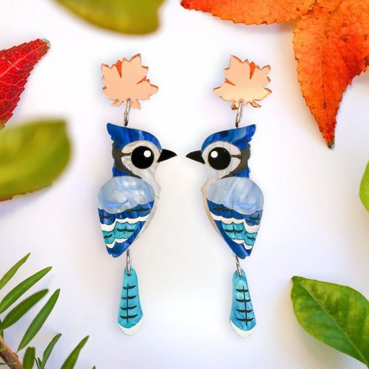 Blue Jay Dangles - North American Bird Earrings