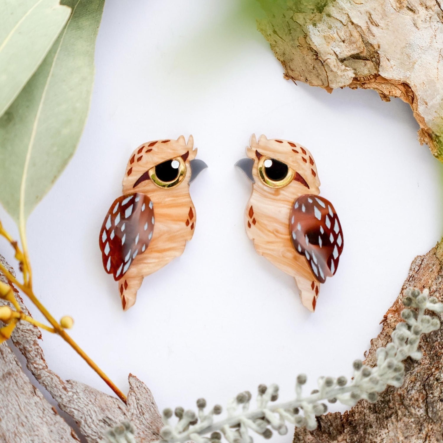 BINKABU Tawny Frogmouth Studs handmade acrylic bird earrings