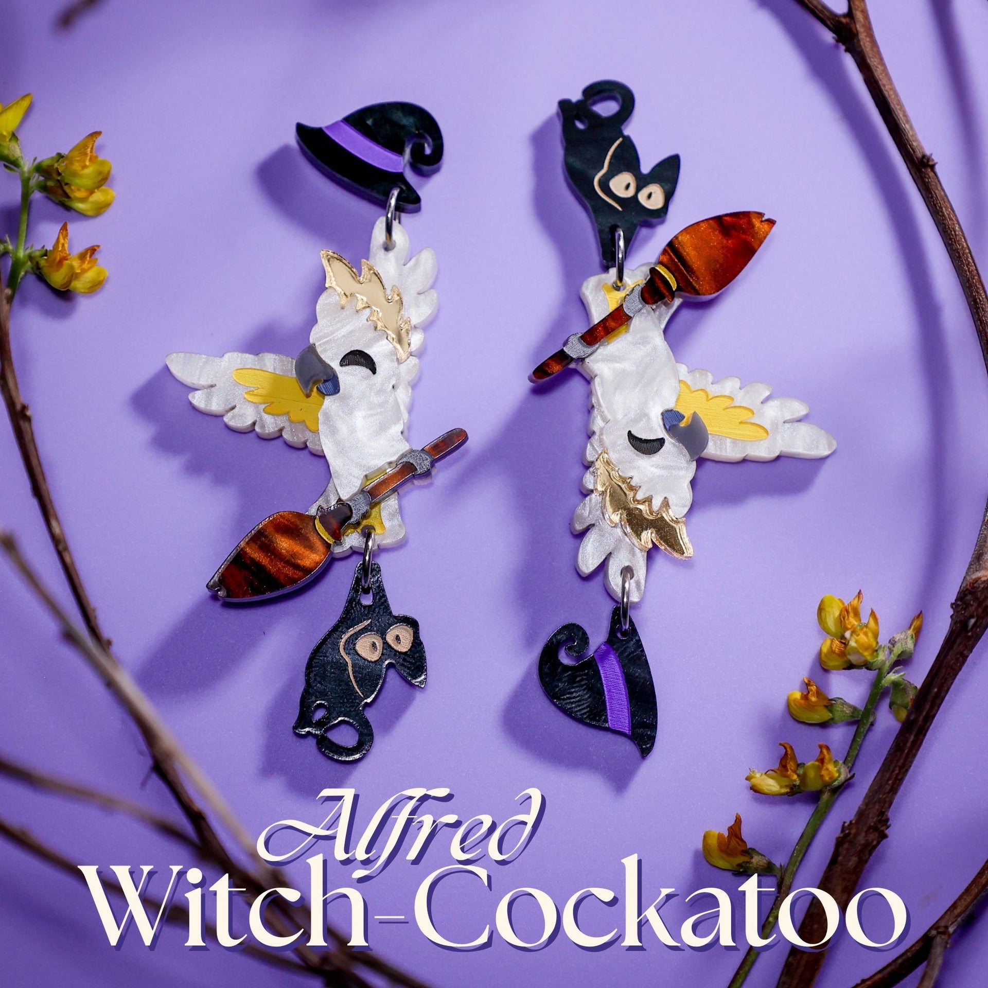 BINKABU Alfred Witch-Cockatoo handmade acrylic bird earrings