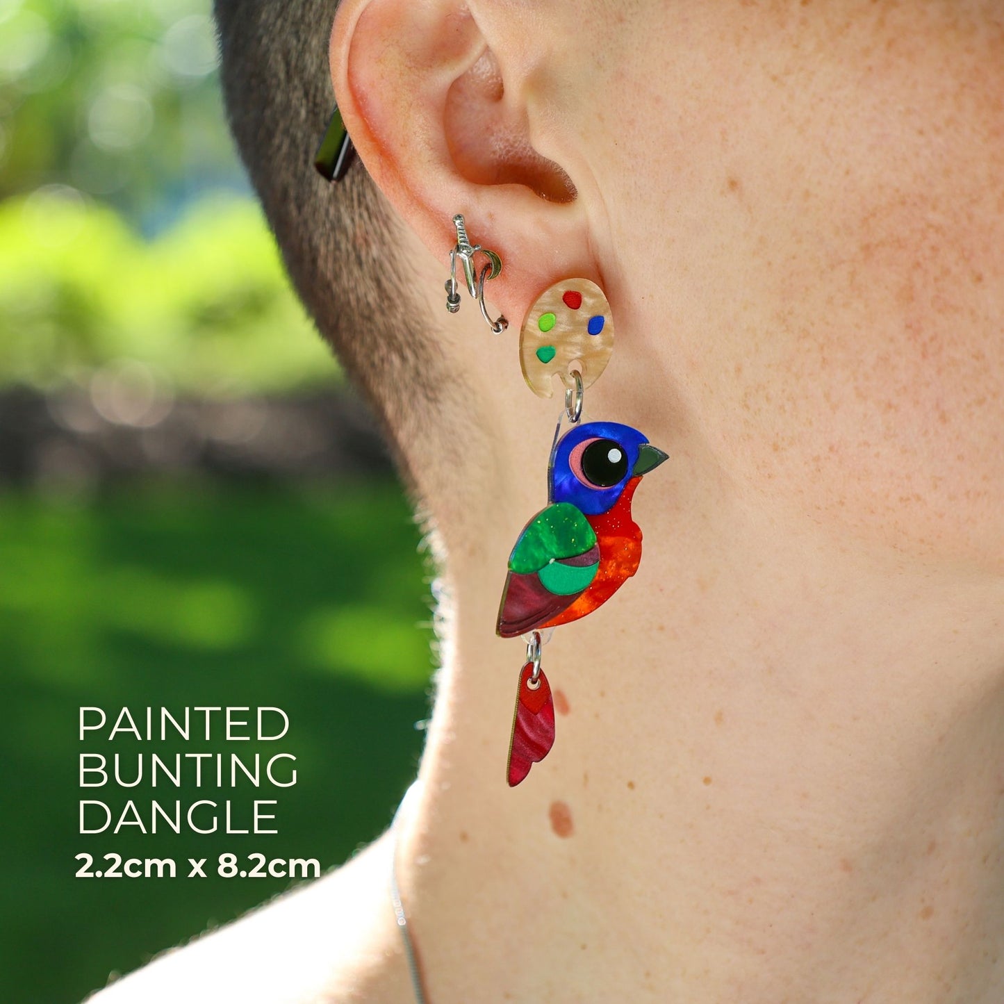 BINKABU Painted Bunting Dangles handmade acrylic bird earrings