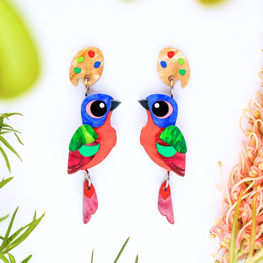 BINKABU Painted Bunting Dangles handmade acrylic bird earrings