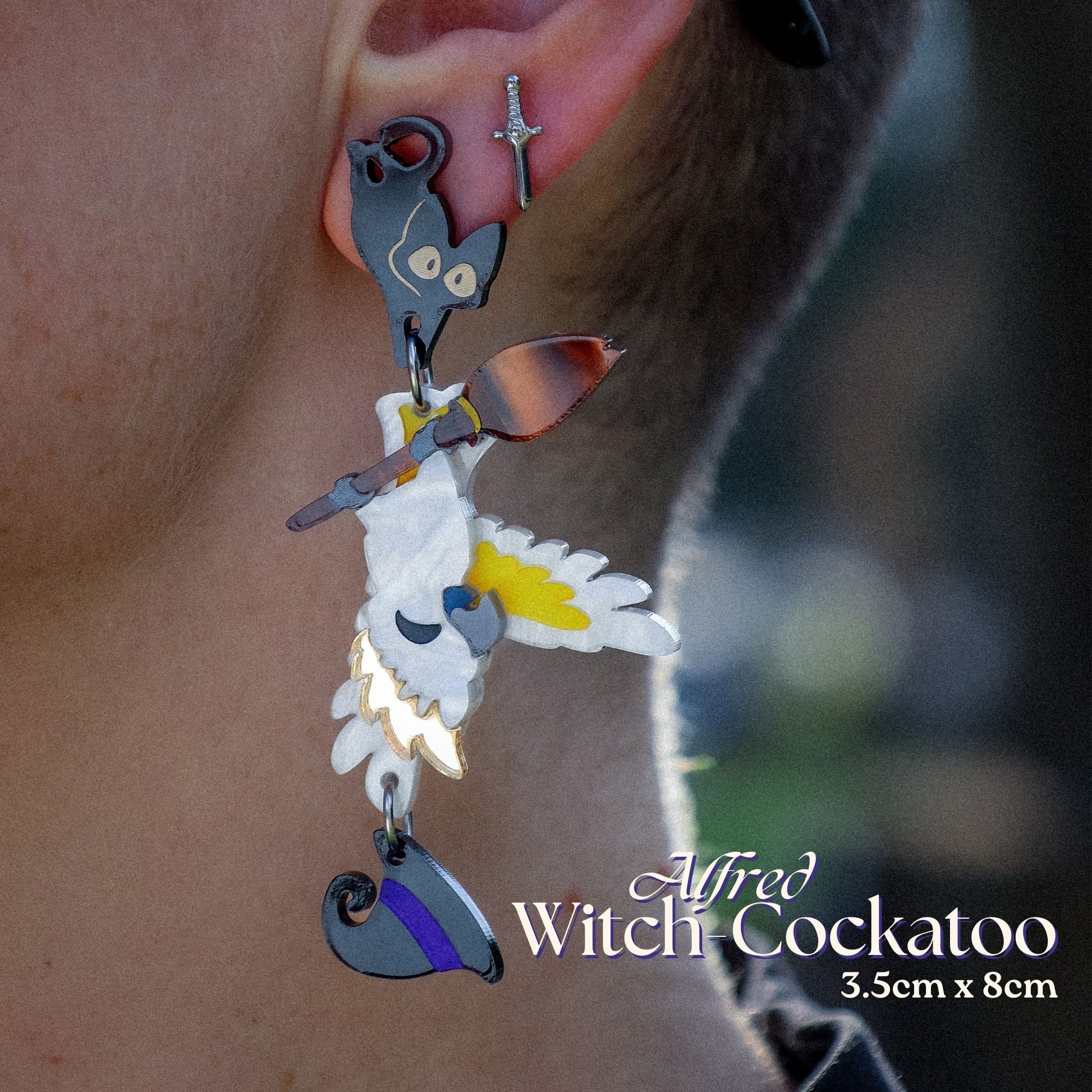 BINKABU Alfred Witch-Cockatoo handmade acrylic bird earrings