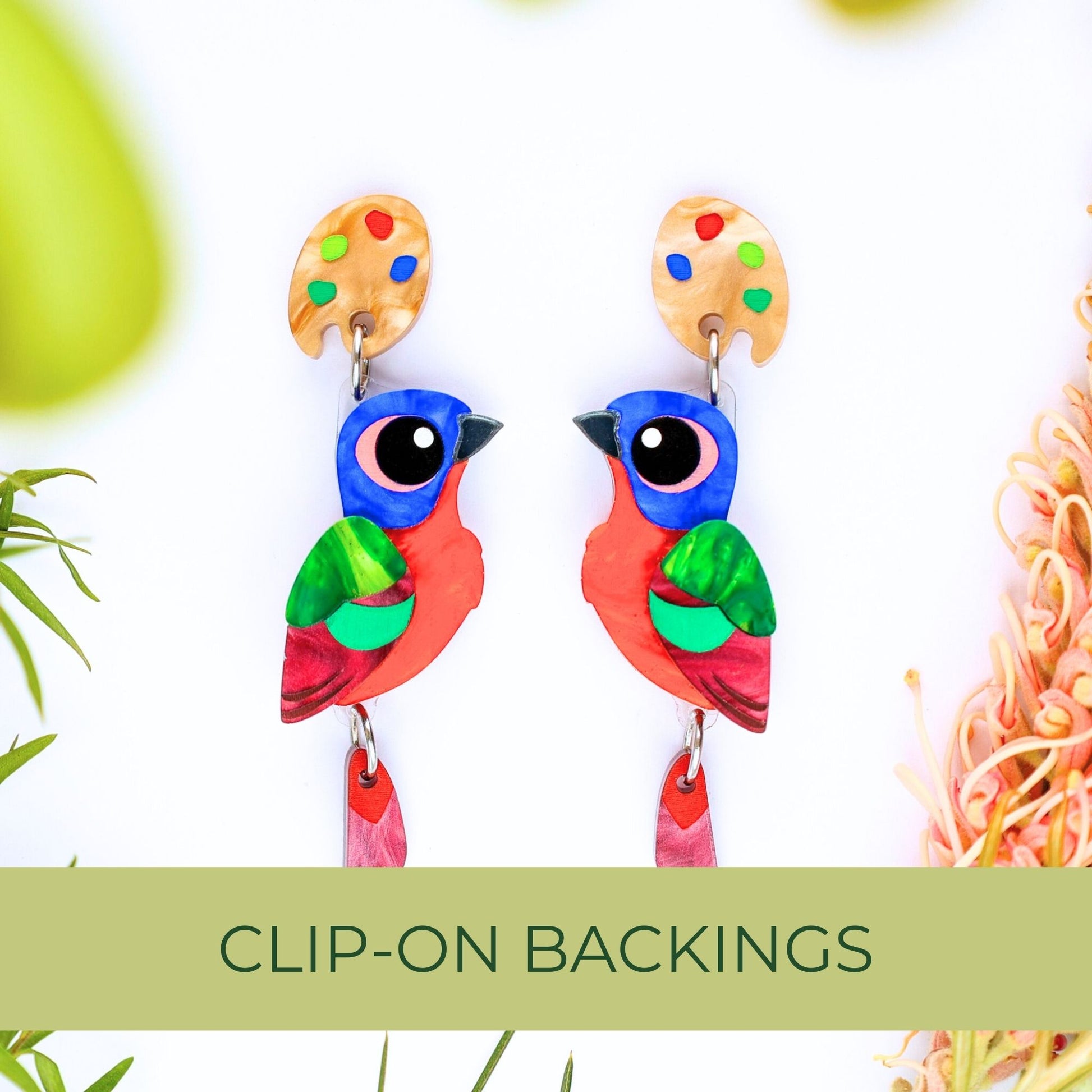 BINKABU Painted Bunting Dangles handmade acrylic bird earrings