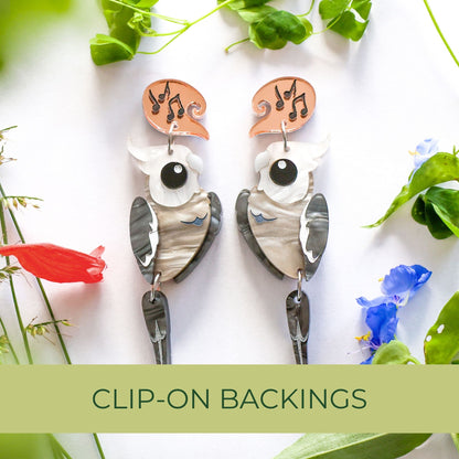 BINKABU White-Faced Cockatoo handmade acrylic bird earrings
