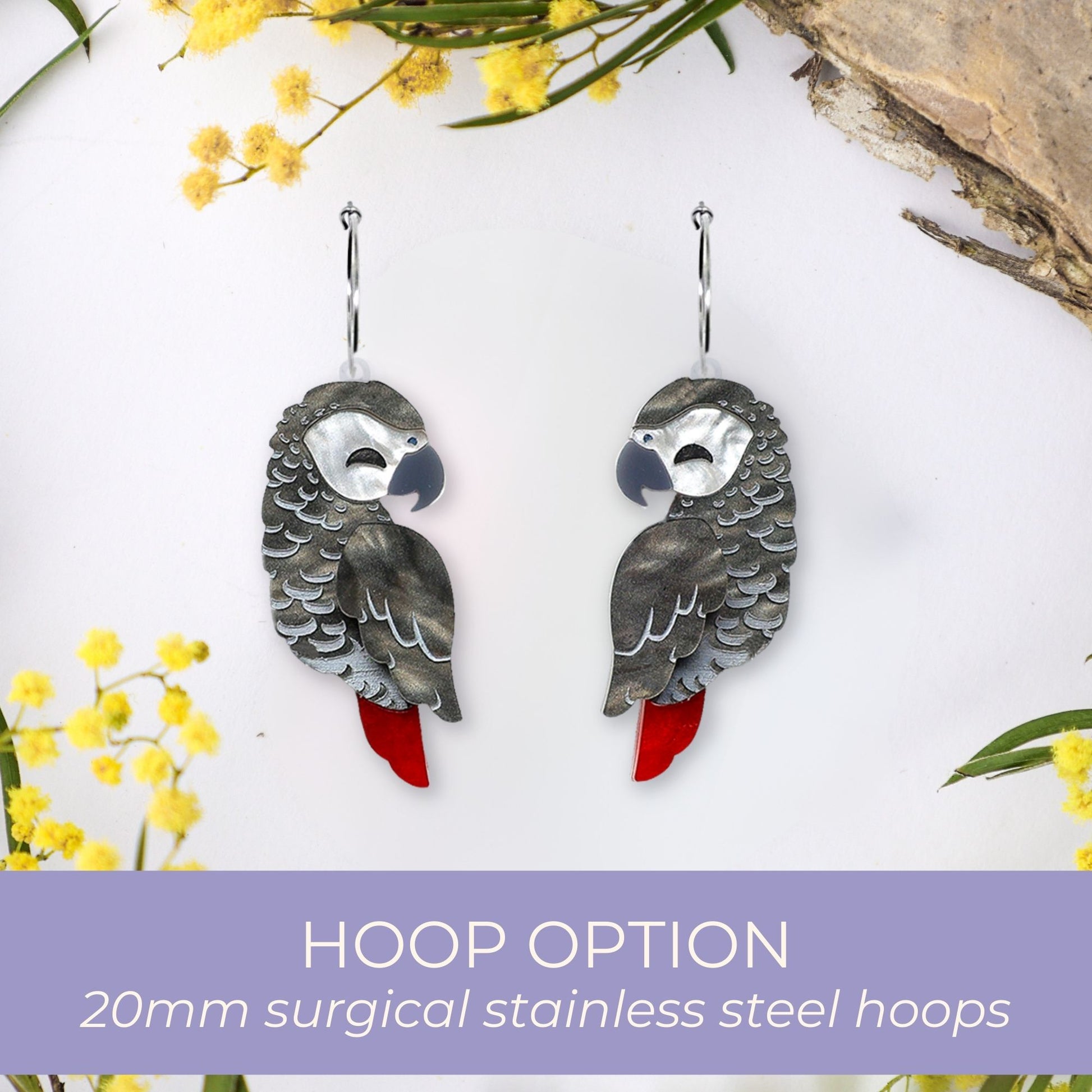 BINKABU African Grey Parrot handmade acrylic bird earrings