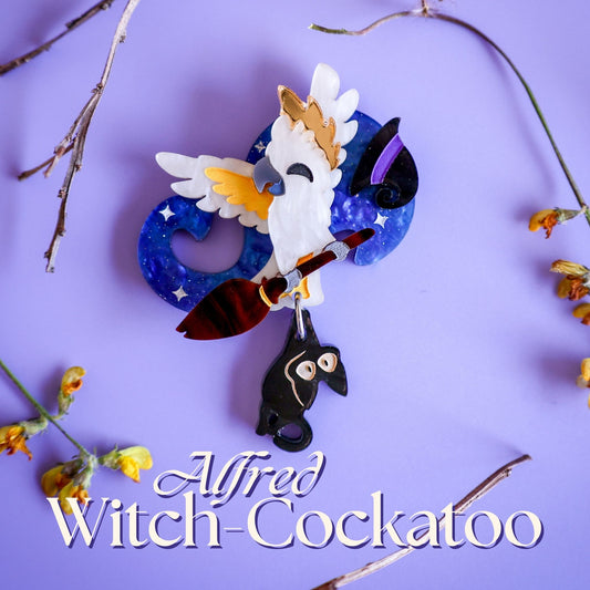 BINKABU Alfred Witch-Cockatoo Brooch handmade acrylic bird jewellery