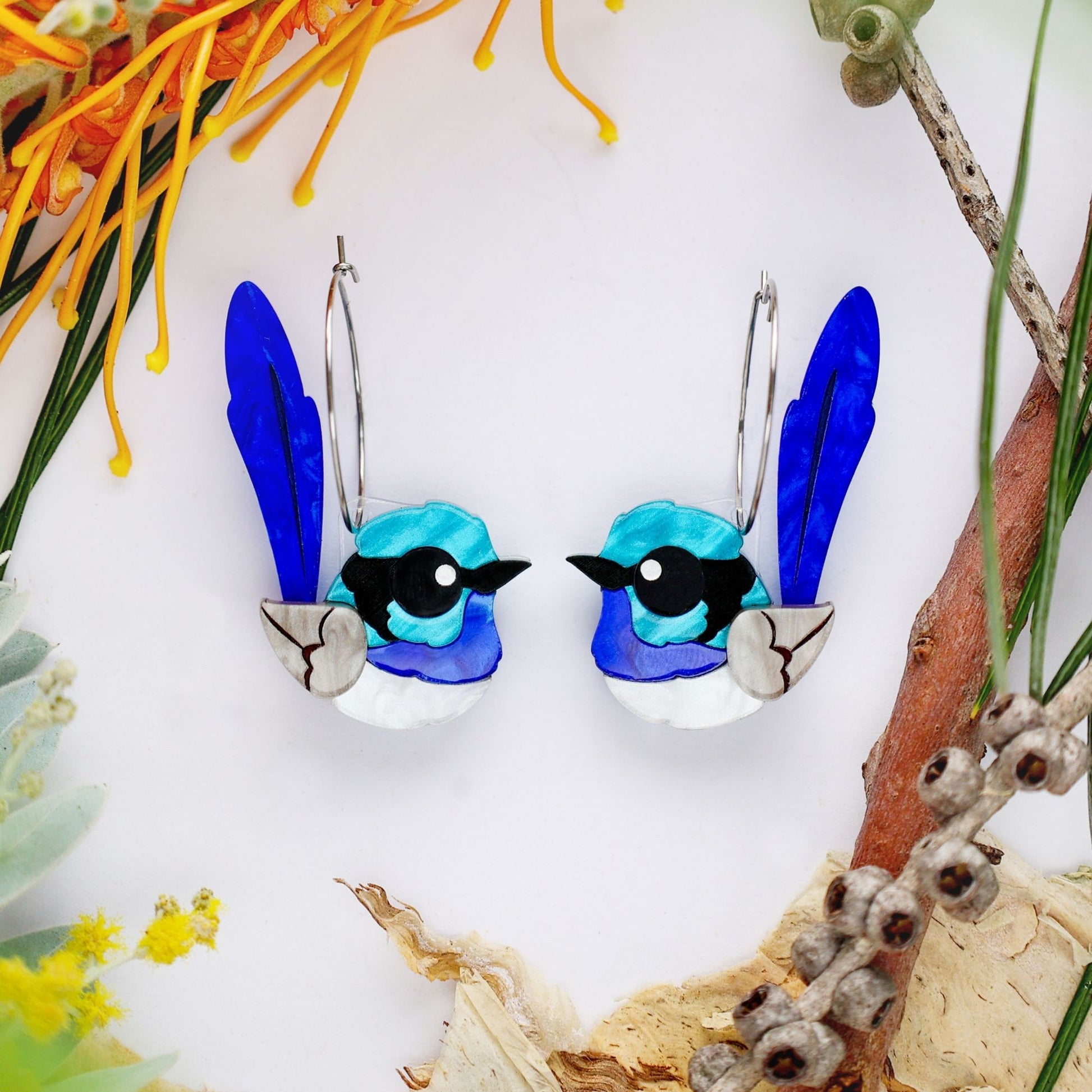 BINKABU Superb Fairywren Hoop handmade acrylic bird earrings