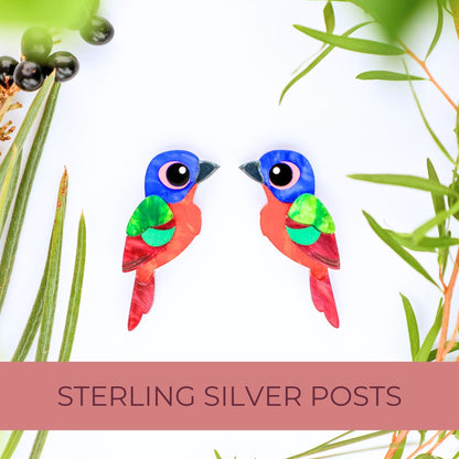 BINKABU Painted Bunting Studs handmade acrylic bird earrings