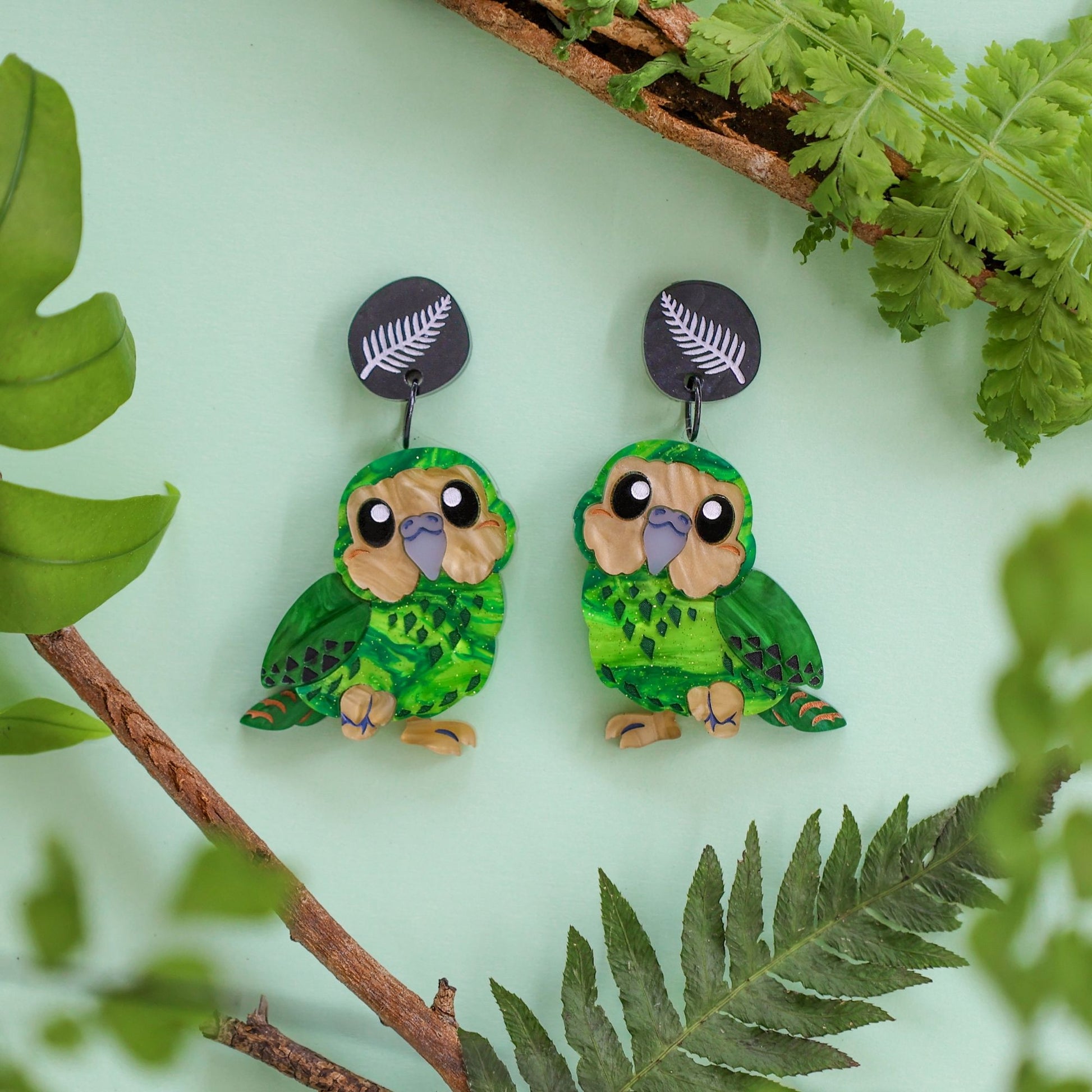 BINKABU Kākāpō Dangle handmade acrylic bird earrings