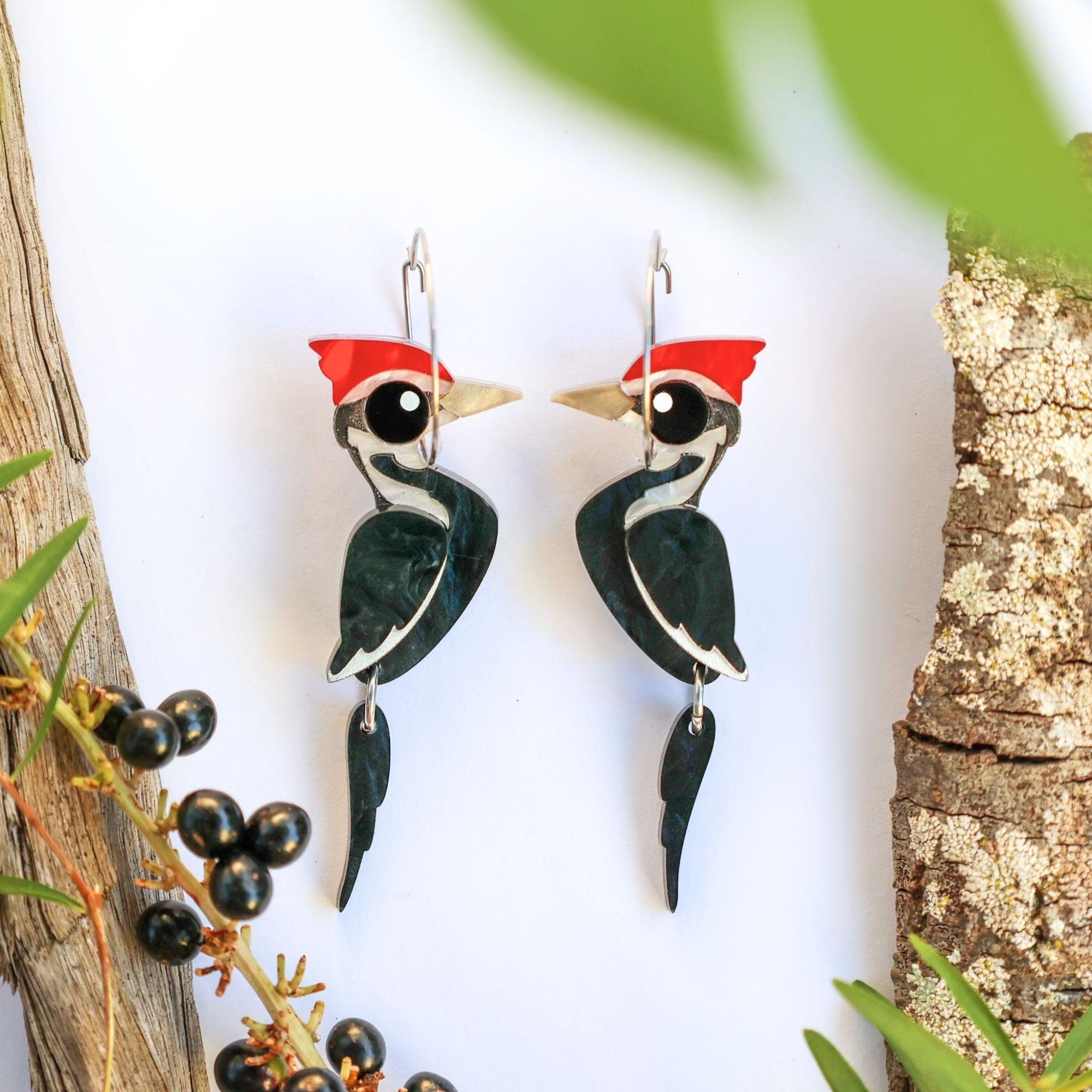 Pileated Woodpecker Hoops North American Acrylic Bird Earrings
