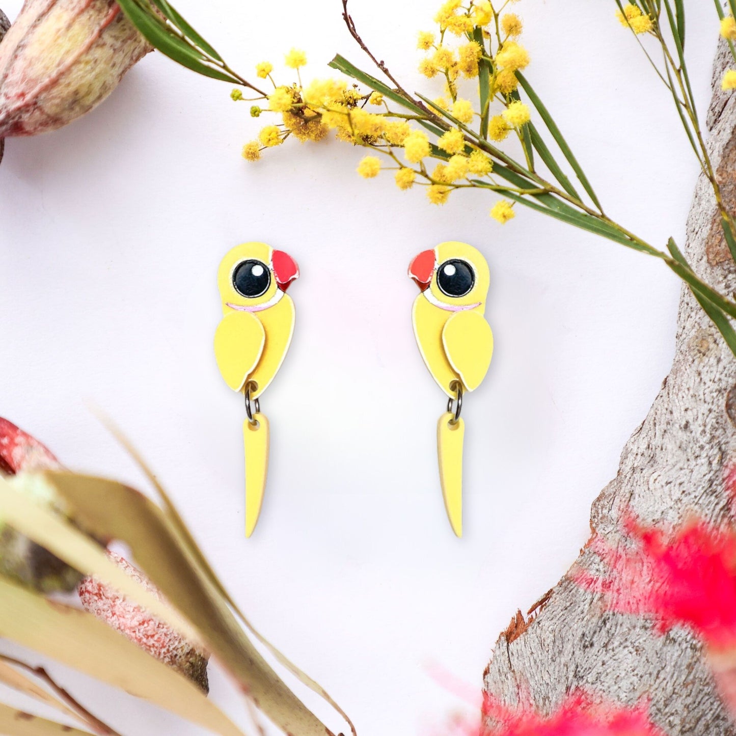 BINKABU Indian Ringneck Parrot Handmade Acrylic Bird Earrings